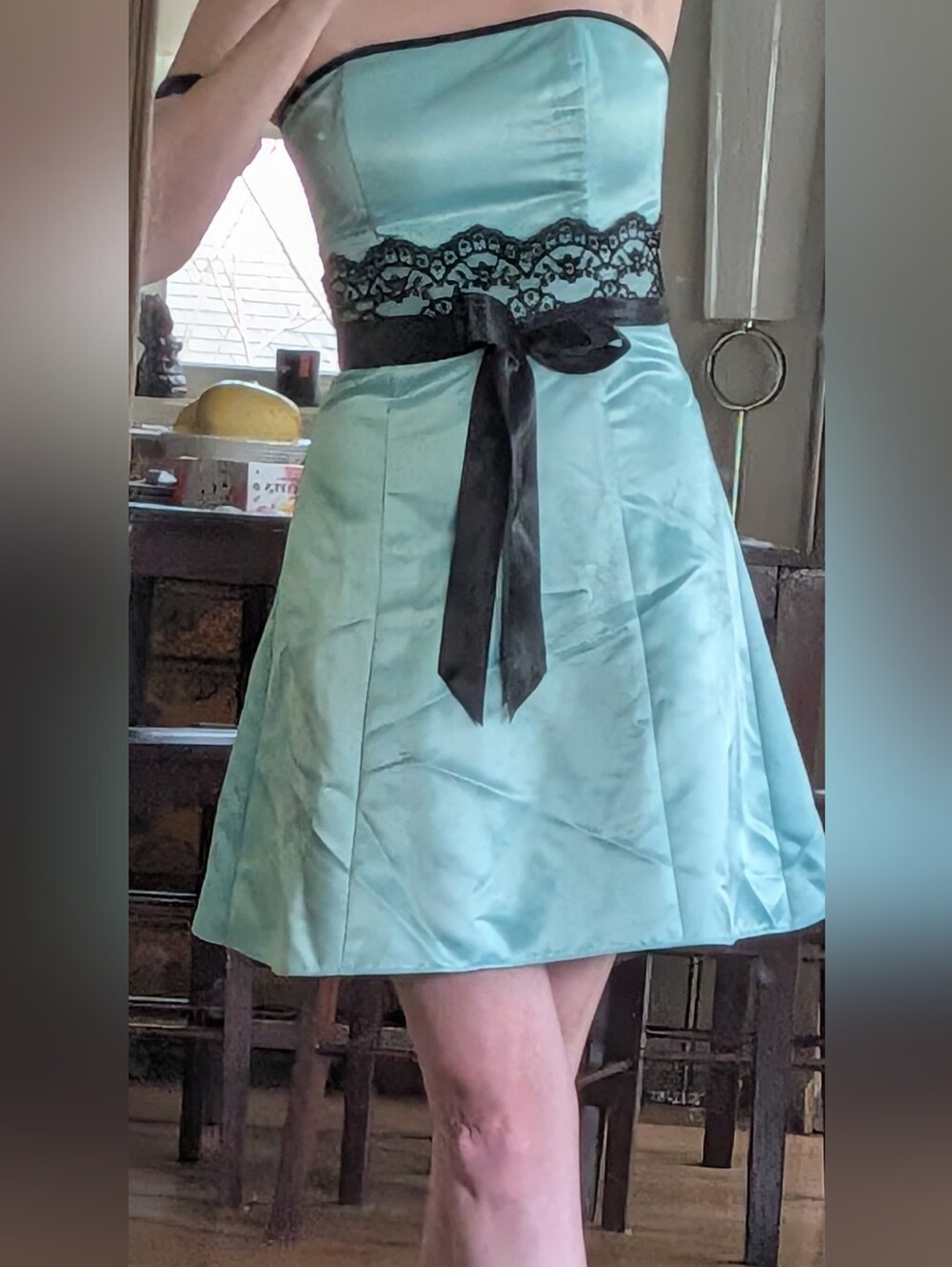 2005 Y2K Jessica McClintock Gunne Sax Aqua Satin A-Line Strapless Dress